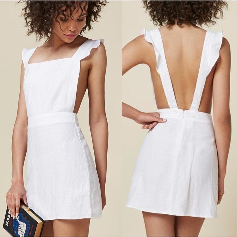 Reformation Parakeet Dress White Ruffle Open Back Mini Tencel Linen Size 2